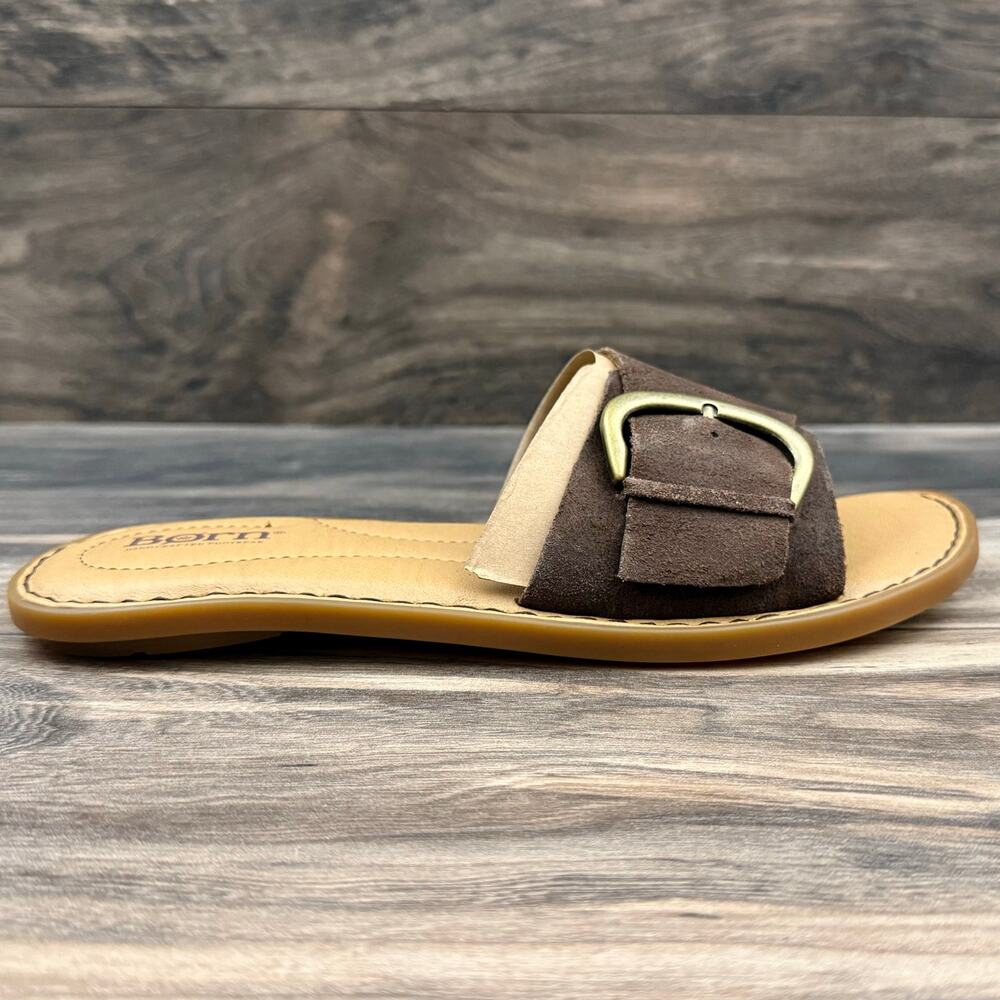 NIB Born Miarra 8M 38-39 Brown Suede Big Buckle Slide Sandals Brown Distressed - Picture 4 of 11